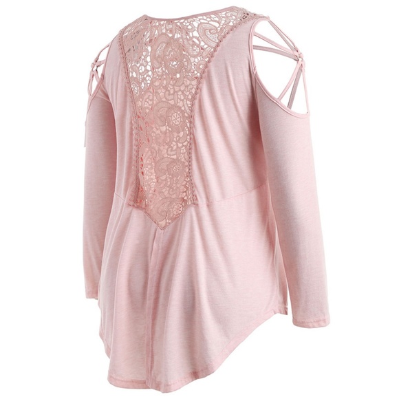 Plus Size Light Pink Cutwork Lace Insert T-shirt - Picture 6 of 8